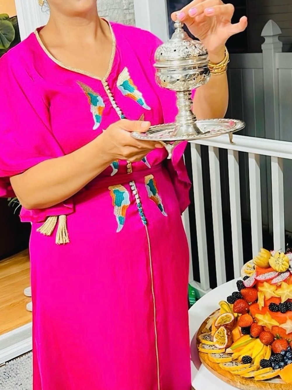 Bright Fuchsia Embroidered Kaftan with Tassel Detail